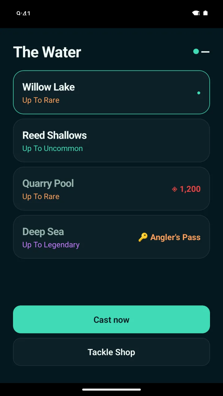 Lunker — The Water: Willow Lake, Reed Shallows, Quarry Pool for 1,200, Deep Sea with Angler's Pass