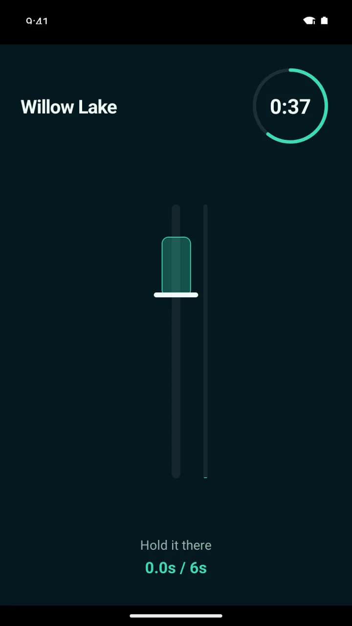 Lunker — the reel-tension minigame at Willow Lake, 37 seconds left, hold 0.0 of 6 seconds